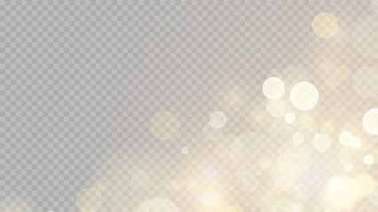 Wall Mural - Golden dust light png. Christmas glowing bokeh confetti and sparkle overlay texture for your design. Stock royalty free vector illustration. PNG	