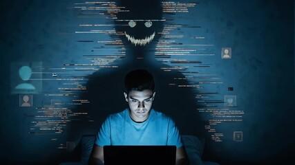 Hacker coding on a laptop in the dark as his shadow forms a scary monster, a cybersecurity threat concept