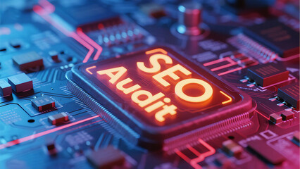 Digital innovation circuit board macro shot glowing seo audit chip for technology and business concepts