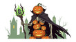 © mstmahmuda - Spooky Pumpkin King: A whimsical illustration of a towering pumpkin king, adorned in a dark cloak and menacing grin, wielding a mystical staff in front of a haunted backdrop.