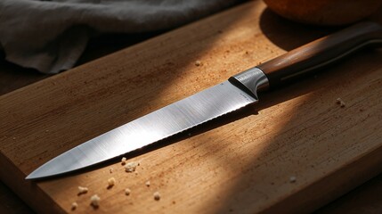 Serrated bread knife on wooden cutting board with bread crumbs