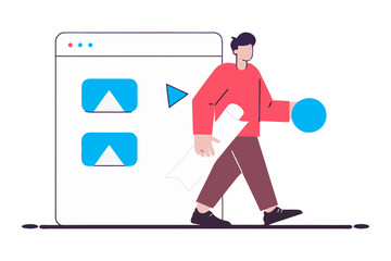Man with blueprint and blue sphere walking past a digital interface with video thumbnails isolated on transparent background isolated on white background