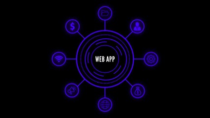 Web Application Concept with Connected Icons and Central Hub on Black Background software online service