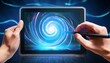 © Krystal - hand using stylus to create a glowing spiral on a tablet screen digital art creation in progress