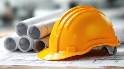 Bright Yellow Safety Helmet on Construction Plans with Blueprints in Background for Building Architecture Projects