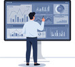 © Asyura - Businessman analyzing data on a large digital screen with charts and graphs.