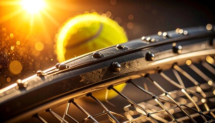 Close up of tennis racket strings and ball with sun flare.
