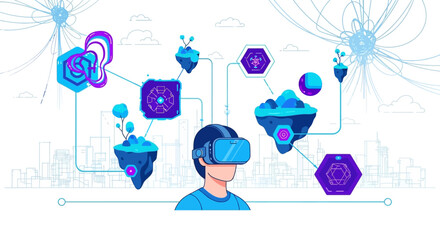 Man wearing a virtual reality headset explores an interconnected digital metaverse. Futuristic concept of immersive technology and cyberspace