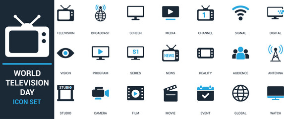 editable world television day icon set with vector symbols of broadcast, screen, media, channel, sig