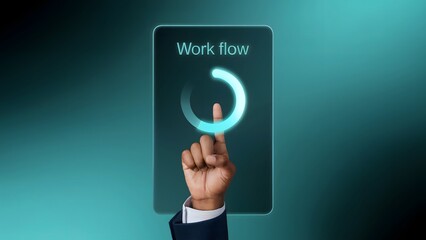 Wall Mural - Workflow in the digital age: A business person touches a virtual interface indicating workflow in a modern and futuristic setting. Illustrating the dynamics of business processes.
