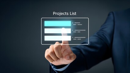 Wall Mural - Touchscreen Project List: A focused hand interacts with a virtual display showcasing a Project List, symbolizing organization and digital business processes, set against a cool.