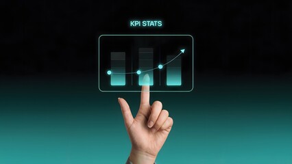 Wall Mural - Interactive KPI Display: A hand interacts with a futuristic graphical user interface, highlighting key performance indicators and demonstrating data analysis. Illustrates business intelligence.