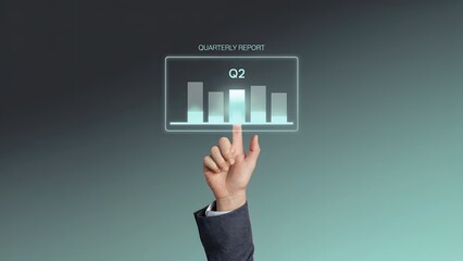 Wall Mural - Data Visualization: A professional's hand interacts with a luminous bar graph representing Q2 financial data, showcasing the power of information and analytical insight.