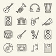 © Stock - Collection of thin line art icons representing various musical instruments and audio equipment on a light background