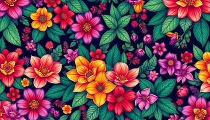 Wall Mural - Intricate, continuous floral design with vibrant blooms and lush leaves,  print,  leaves