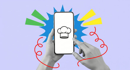 Hands holding a mobile device with a culinary app icon for ordering from a food delivery service or finding an online cooking recipe