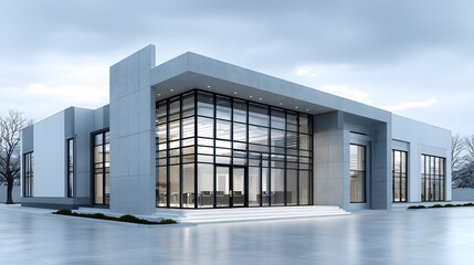Wall Mural - Photorealistic exterior shot of a modern commercial building with a clean facade and large glass windows. A pristine asphalt lot is in the foreground.