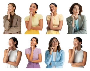 Wall Mural - PNG Diverse women expressing thoughtful poses, element set on transparent background