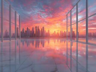 Wall Mural - Stunning, photorealistic view from a modern, empty office with floor-to-ceiling windows overlooking a dramatic city skyline during a warm sunset.