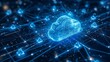 © Dunia Digital - Abstract digital representation of cloud computing infrastructure with glowing blue nodes and connecting lines on a dark background.