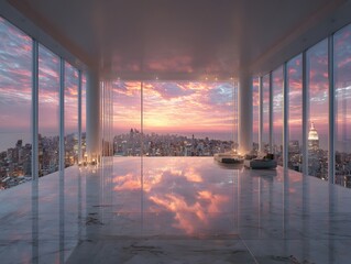 Wall Mural - Stunning, photorealistic view from a modern, empty office with floor-to-ceiling windows overlooking a dramatic city skyline during a warm sunset.