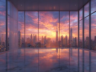 Wall Mural - Stunning, photorealistic view from a modern, empty office with floor-to-ceiling windows overlooking a dramatic city skyline during a warm sunset.