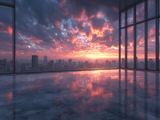 Wall Mural - Stunning, photorealistic view from a modern, empty office with floor-to-ceiling windows overlooking a dramatic city skyline during a warm sunset.
