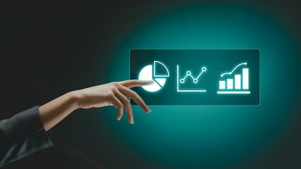 Wall Mural - Data Visualization Touch: A close-up view captures a person's hand interacting with an illuminated touch screen displaying various data charts and graphs.