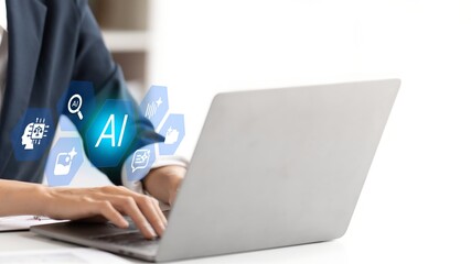 A business person using laptop with visual screen on AI content generation interface concept.