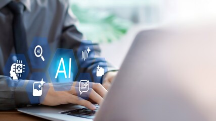 A business person using laptop with visual screen on AI content generation interface concept.