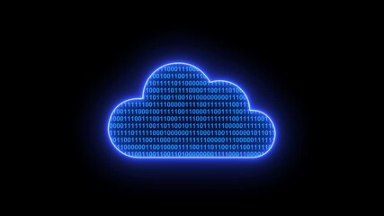 Glowing cloud icon computing technology visualizes streaming data with code, symbolizing digital information storage and processing. Futuristic digital cloud data transfer concept with binary code.