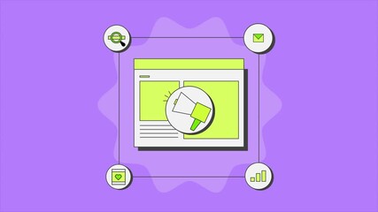 Wall Mural - Website with megaphone in the middle surrounded with SEO, Social media, Email marketing and analytics icons symbolizing website marketing strategies