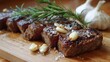 © Vectune - Juicy beef steak with garlic and rosemary on a wooden board, a culinary masterpiece ready to be savored and enjoyed by all