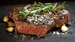 © Vectune - Perfectly cooked steak with rosemary and garlic on a dark surface, a culinary masterpiece that tantalizes the senses