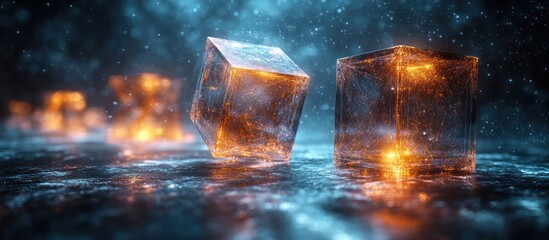 Wall Mural - Glowing cubes on dark surface with sparks.