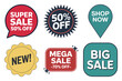 © Jharna.oo - Sale sticker and promotion label set with bold badge, speech bubble, starburst and map pin shapes for online shop, vector
