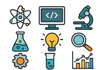 Science technology research symbols vector cartoon illustration with atom microscope coding flask lab gear magnifying glass data analysis concept modern design transparent background ordered set