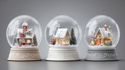 Wall Mural - Set of three festive glass snow globes with christmas decoration design featuring transparent domes on podium surrounded by white snowdrifts, magical winter holiday ornament display for seasonal backg
