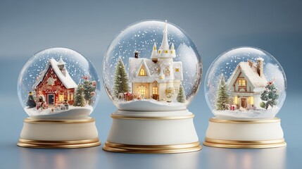 Wall Mural - Set of three festive glass snow globes with christmas decoration design featuring transparent domes on podium surrounded by white snowdrifts, magical winter holiday ornament display for seasonal backg