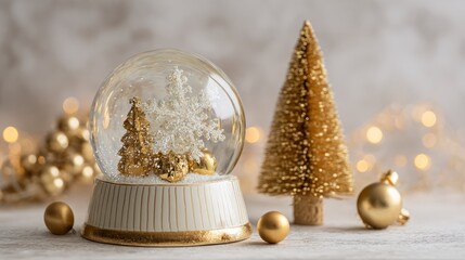 Wall Mural - Elegant snow globe with christmas tree, falling snowflakes, and golden ornaments in modern minimalist composition for festive stage display, holiday decoration mockup, and contemporary christmas conce