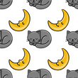 © Khrystyna Turchyn - Seamless vector pattern featuring adorable sleeping grey cats and a cheerful yellow crescent moon, creating a whimsical and calming night-themed design perfect for children's products or textile pr...