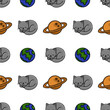 © Khrystyna Turchyn - Seamless vector pattern featuring adorable sleeping grey cats nestled amongst stylized planets, including Earth and Saturn, creating a whimsical cosmic design perfect for textile prints or kids' pr...