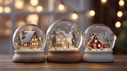 Wall Mural - Three elegant christmas snow globes with golden lights, festive holiday decoration template and winter mockup for seasonal design, celebration backgrounds, and creative christmas projects