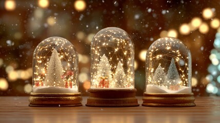Wall Mural - Three elegant christmas snow globes with golden lights, festive holiday decoration template and winter mockup for seasonal design, celebration backgrounds, and creative christmas projects