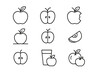 © Maud - Vector apple fruit icon collection. Thin linear style symbols. Set of whole, sliced, half, bitten apple, and fresh juice glass. Healthy eating and diet concept. Editable stroke.
