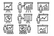© Maud - Presentation line icon set. Business seminar, data analysis, and corporate training symbols. Speaker, chart, graph, and audience vector icons for infographics. Editable stroke.