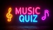 © Atmospheric stock - Vibrant neon music quiz sign with musical notes on dark background