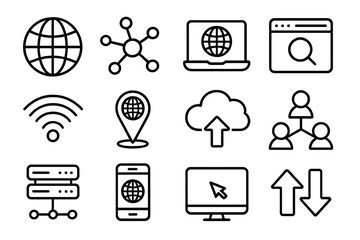 Set of net related line icons, outline web and network symbols, digital technology signs, internet app, cloud upload, data transfer, location pin, mobile and computer connection vector illustration