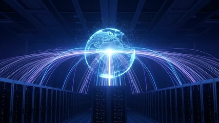 Futuristic data center with glowing earth hologram and digital network cables