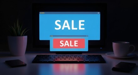 Online sale promotion on computer screen in dark room with plant and coffee cup. E-commerce discount banner. Digital marketing strategy for web store and shopping website